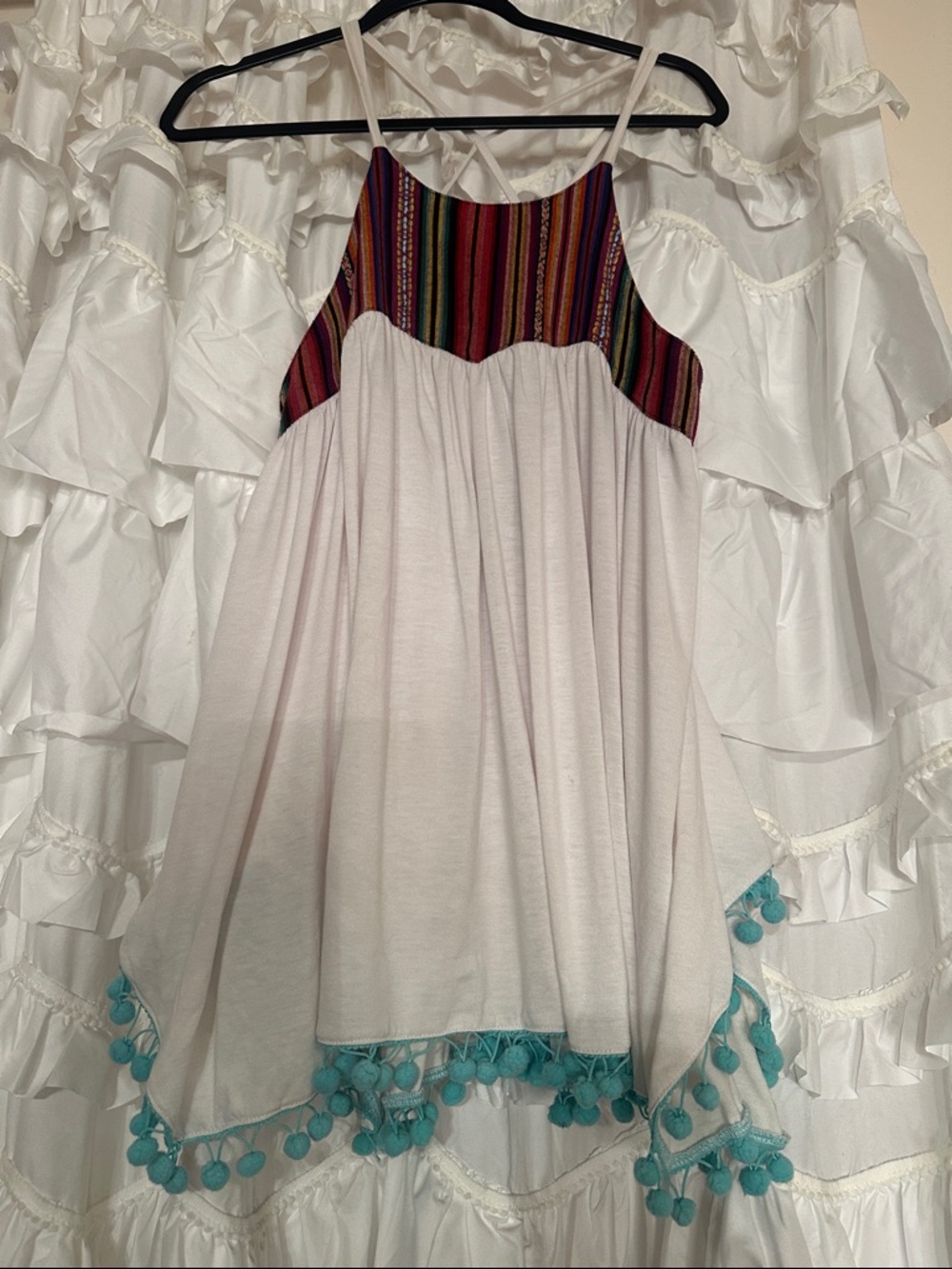 entro White Tank Top with Multicolor Striped Yoke and Turquoise Pom Trim